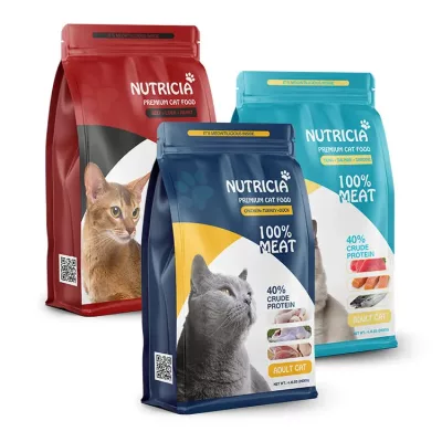 3 cat food bags printed with cat pictures