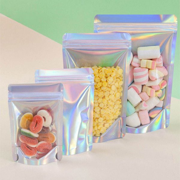 In Stock Aluminum Foil Clear Front Silver Holographic Stand Up Pouches Holo Glossy Stand-Up Bags With Window